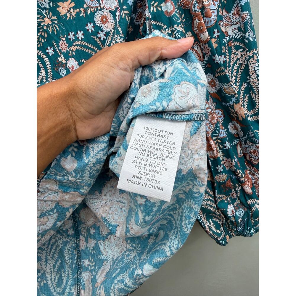 Umgee Floral Paisley 100% Cotton Peasant Blouse XL Boho Cottagecore Fall - Picture 3 of 4